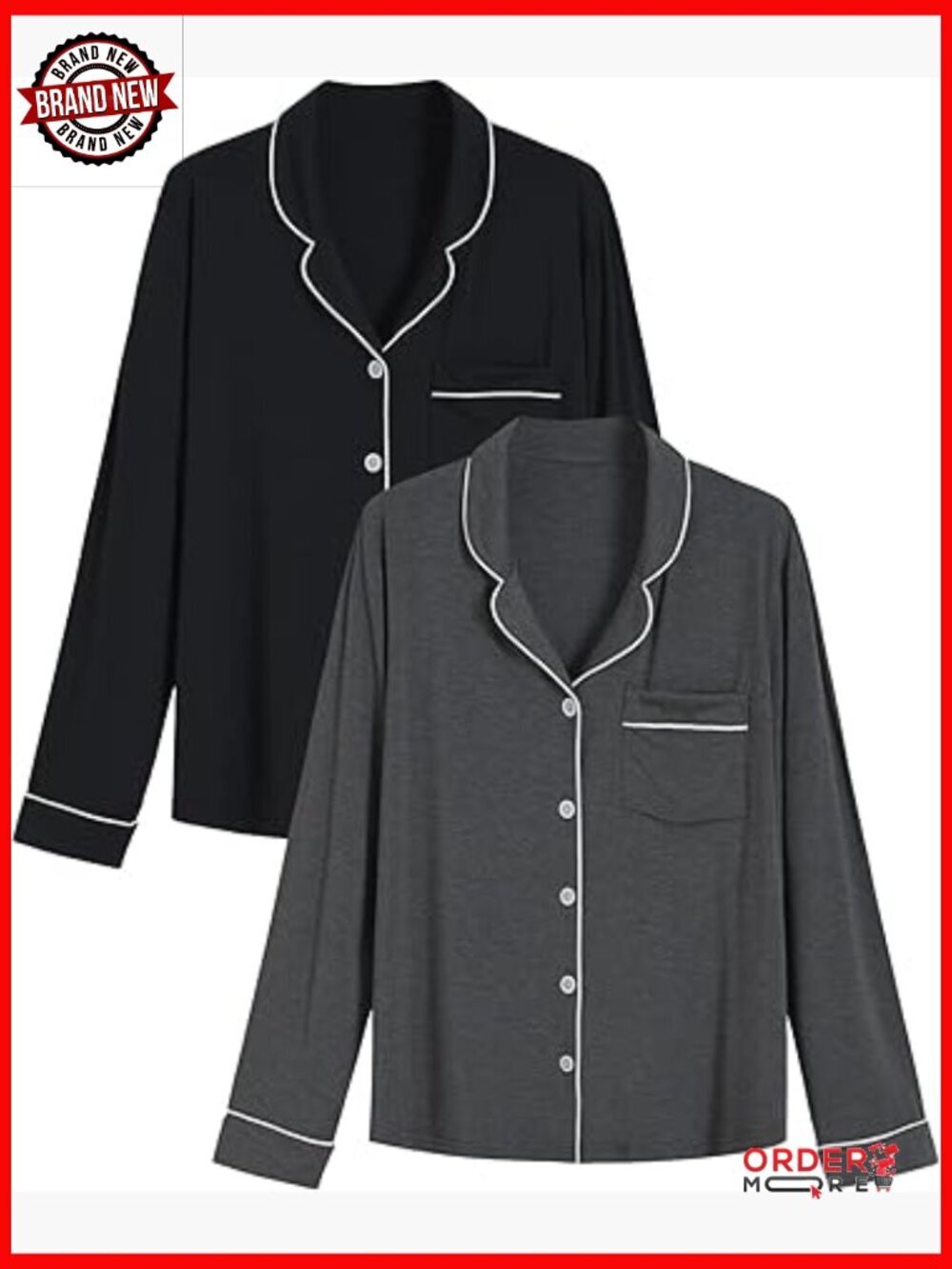 2 Pack Long Sleeve Button Down Pajama Top, Viscose Spandex, Relaxed Fit